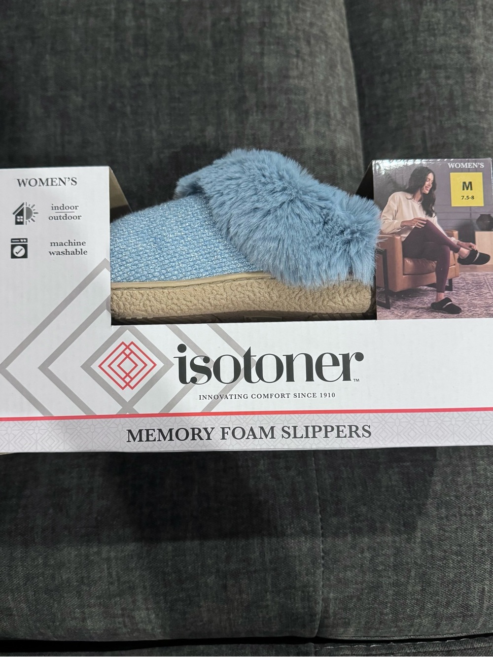 isotoner Women's Light Blue Faux-Fur Memory Foam Slippers
